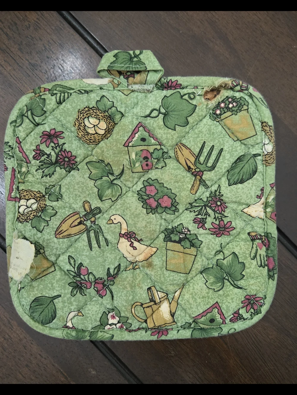 Duck Print Potholders with Garden Motif - Green, Pink, Cream